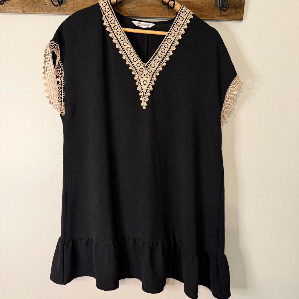 Cupshe Black Lace Trim V-Neck Ruffle Hem Mini Dress Large CAA05A5B041AA